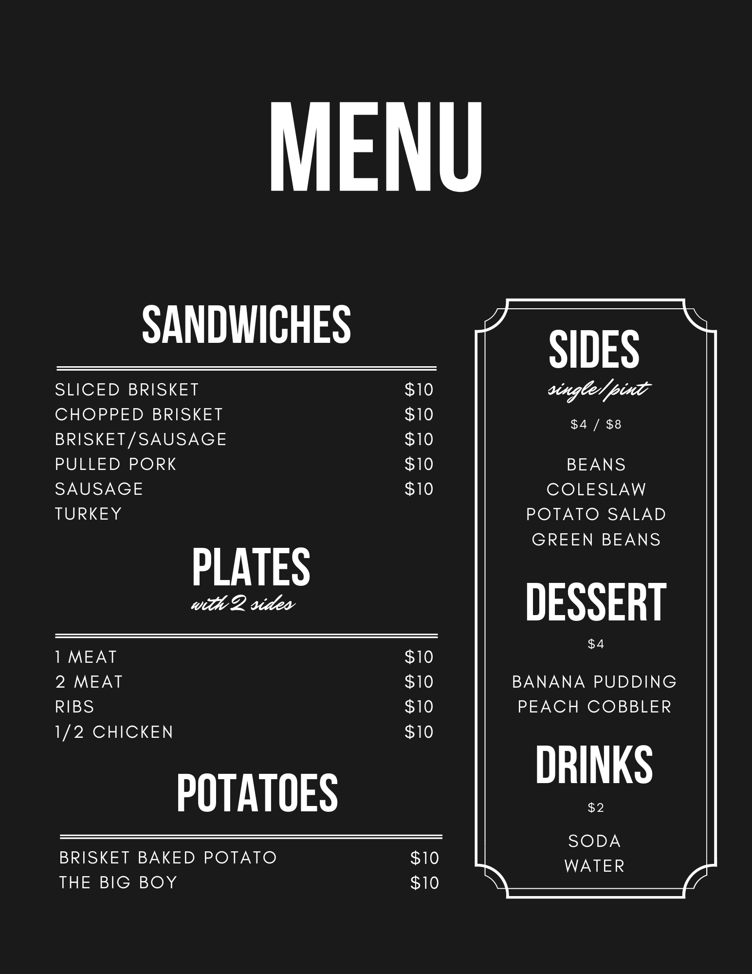 Pat's BBQ menu